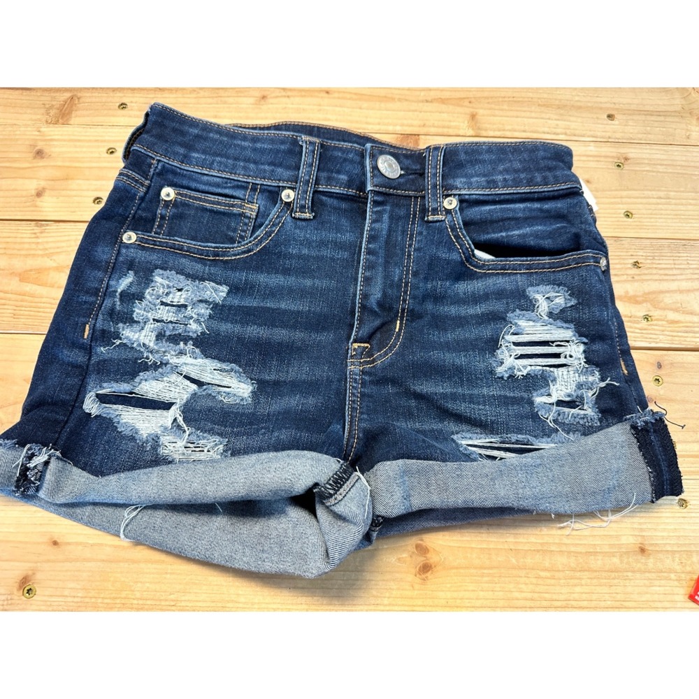 American Eagle Hi-Rise Shortie Distressed Denim Shorts Dark Wash Womens Size 2